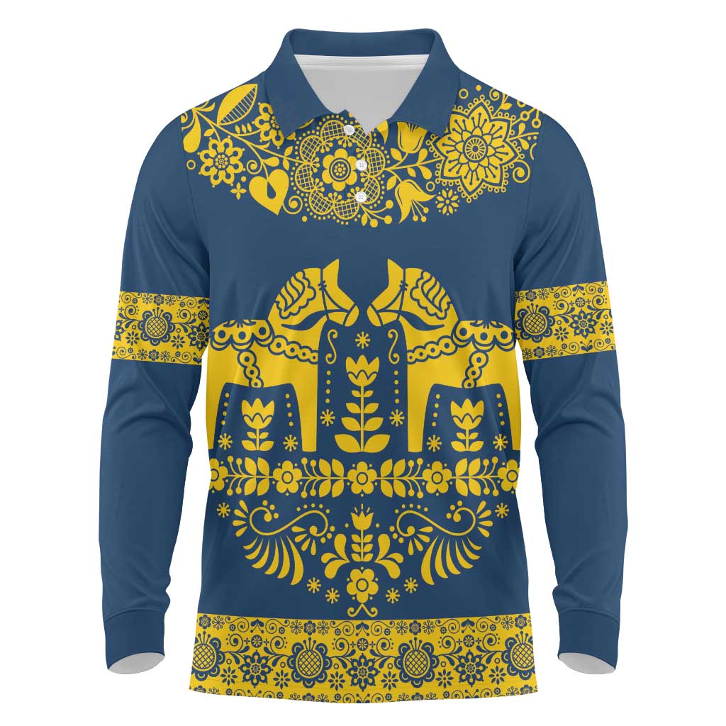 Sweden Daleclarian Horse Long Sleeve Polo Shirt Floral Folk Pattern Blue Version