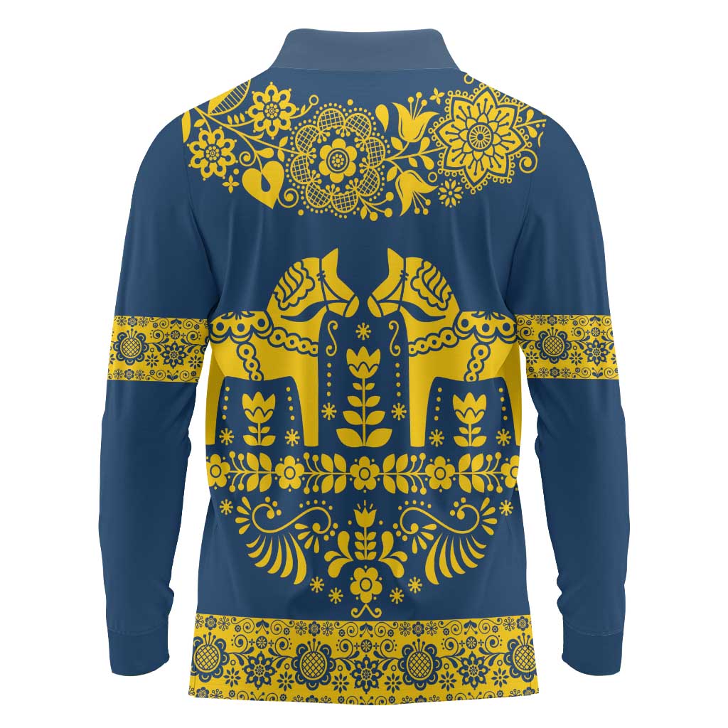 Sweden Daleclarian Horse Long Sleeve Polo Shirt Floral Folk Pattern Blue Version