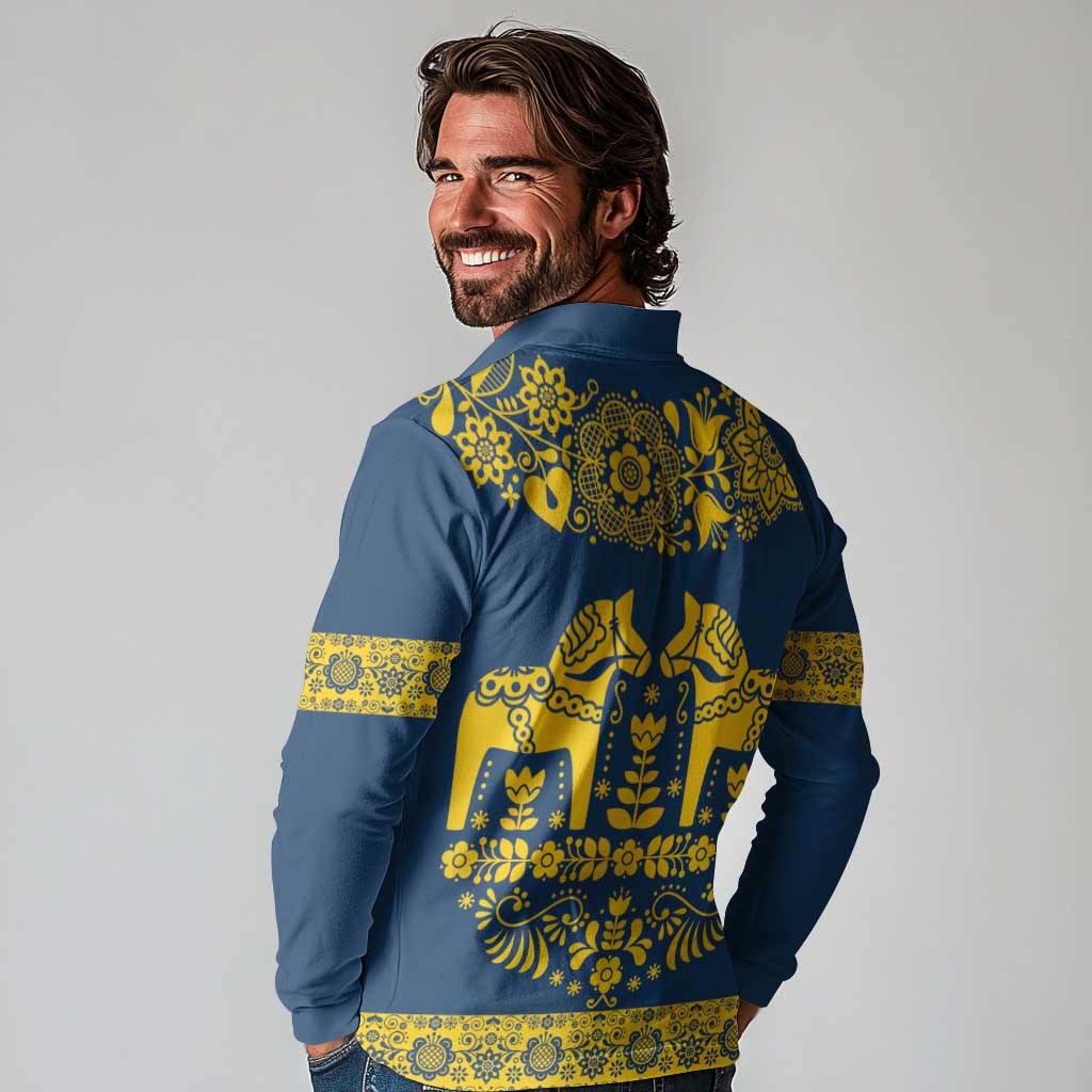 Sweden Daleclarian Horse Long Sleeve Polo Shirt Floral Folk Pattern Blue Version