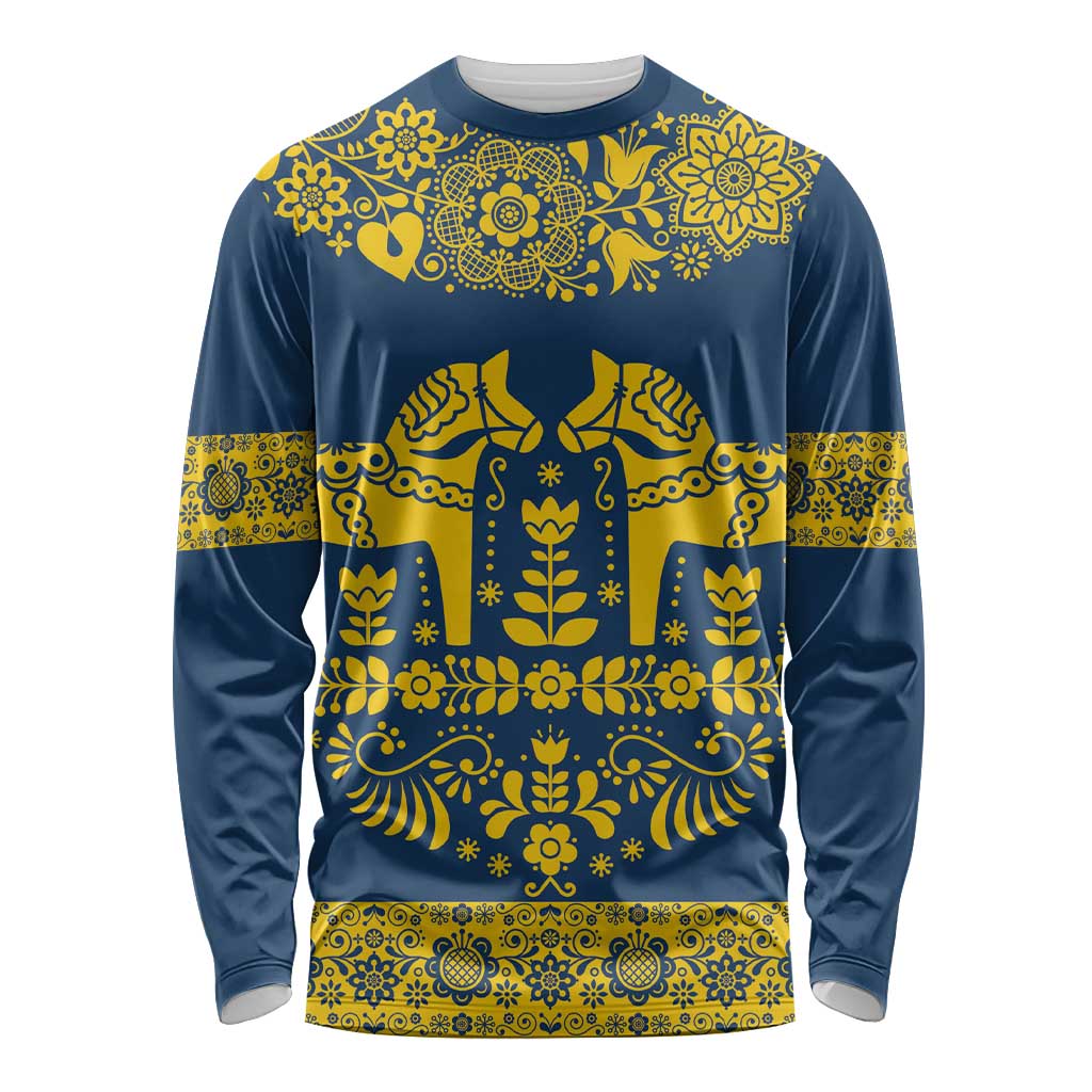 Sweden Daleclarian Horse Long Sleeve Shirt Floral Folk Pattern Blue Version