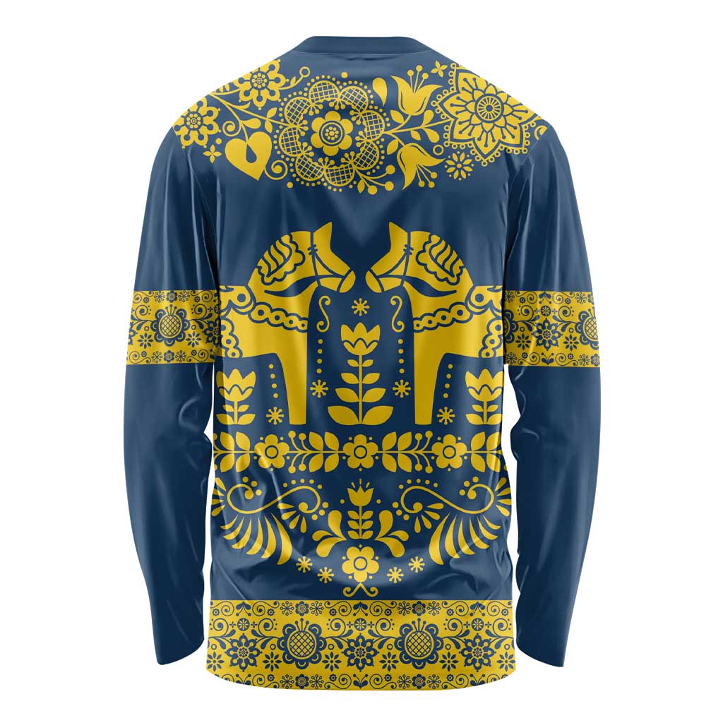 Sweden Daleclarian Horse Long Sleeve Shirt Floral Folk Pattern Blue Version