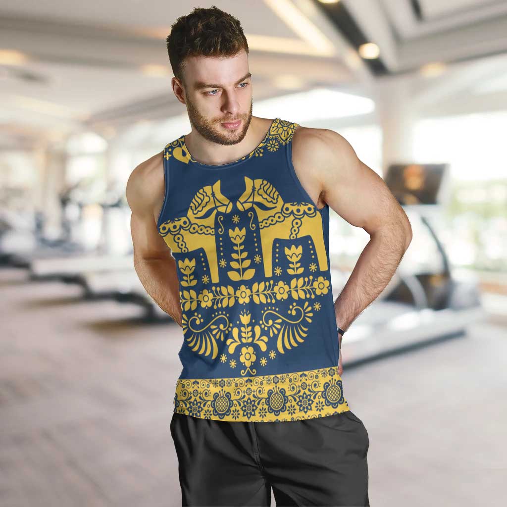 Sweden Daleclarian Horse Men Tank Top Floral Folk Pattern Blue Version