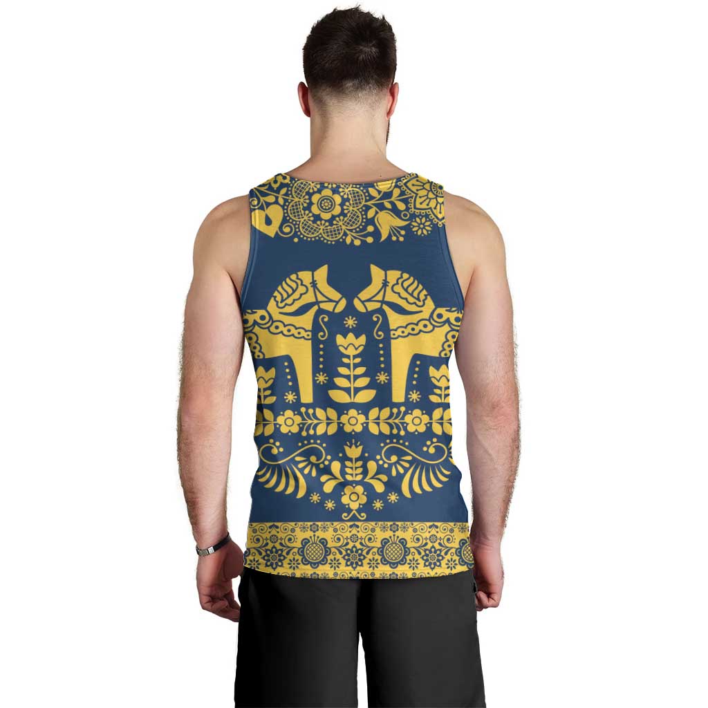 Sweden Daleclarian Horse Men Tank Top Floral Folk Pattern Blue Version