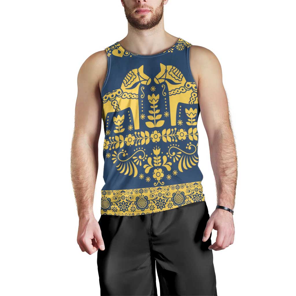 Sweden Daleclarian Horse Men Tank Top Floral Folk Pattern Blue Version