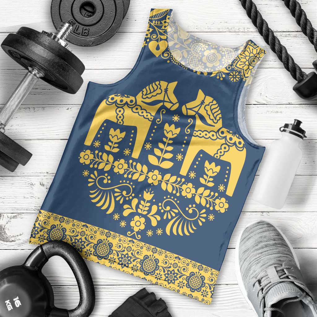 Sweden Daleclarian Horse Men Tank Top Floral Folk Pattern Blue Version