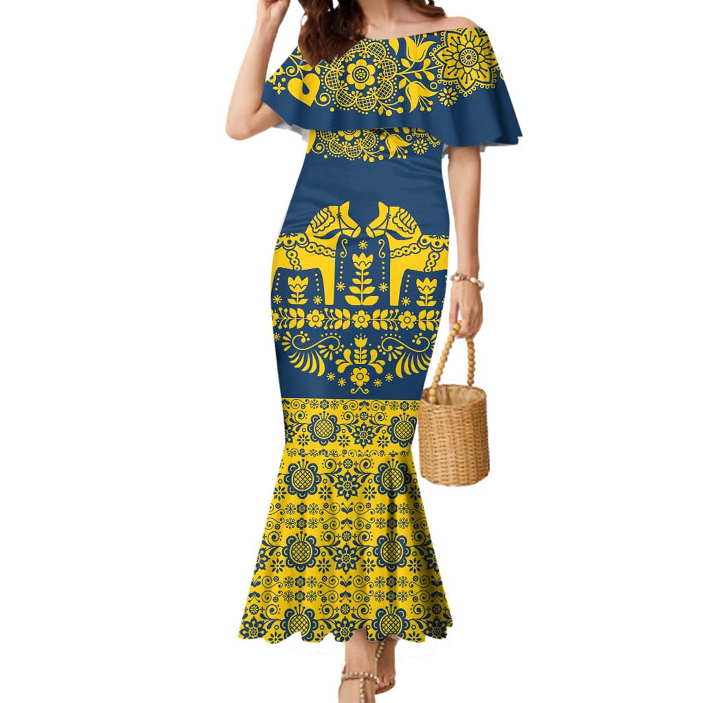 Sweden Daleclarian Horse Mermaid Dress Floral Folk Pattern Blue Version