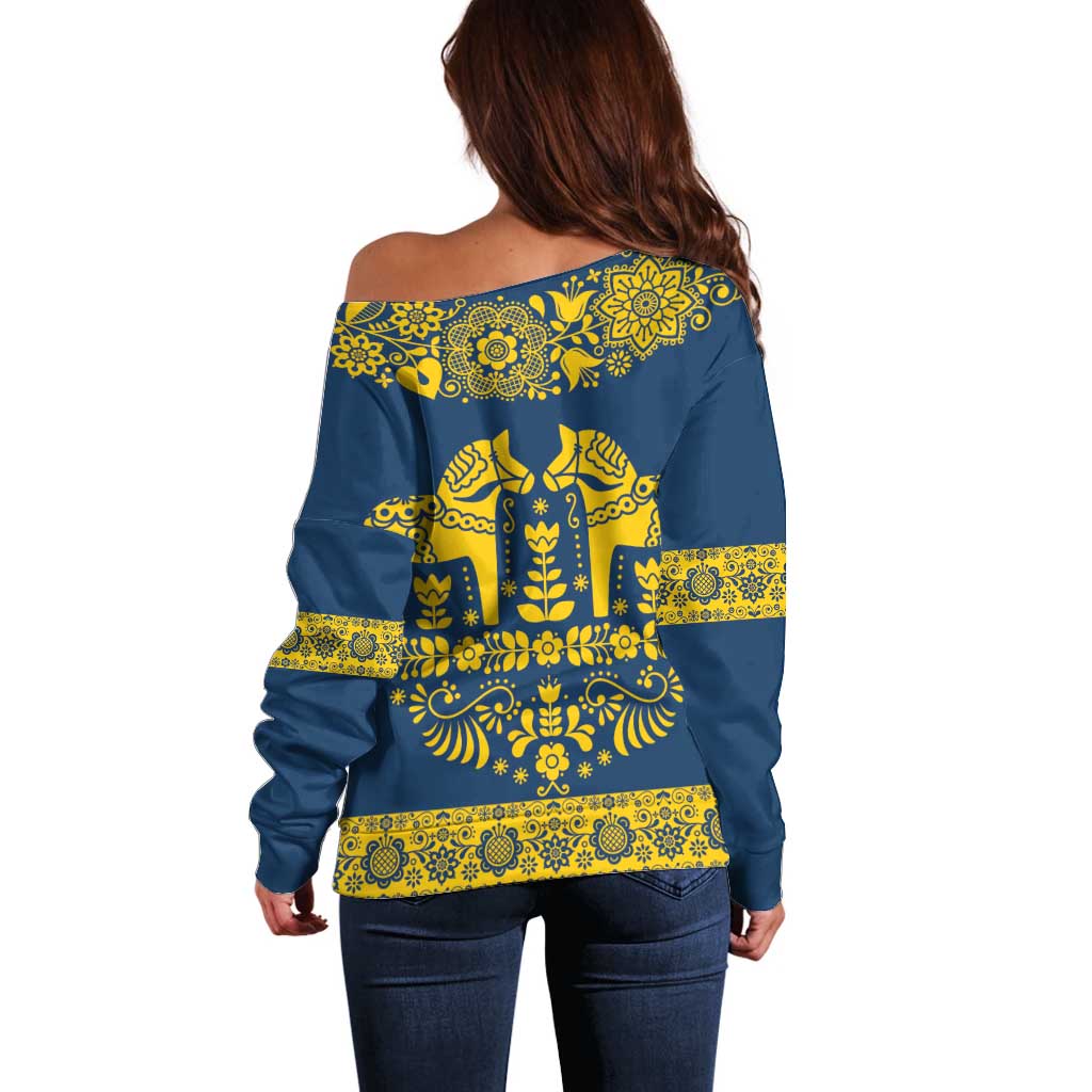 Sweden Daleclarian Horse Off Shoulder Sweater Floral Folk Pattern Blue Version