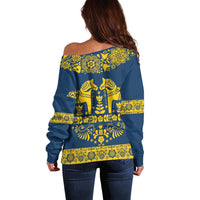 Sweden Daleclarian Horse Off Shoulder Sweater Floral Folk Pattern Blue Version