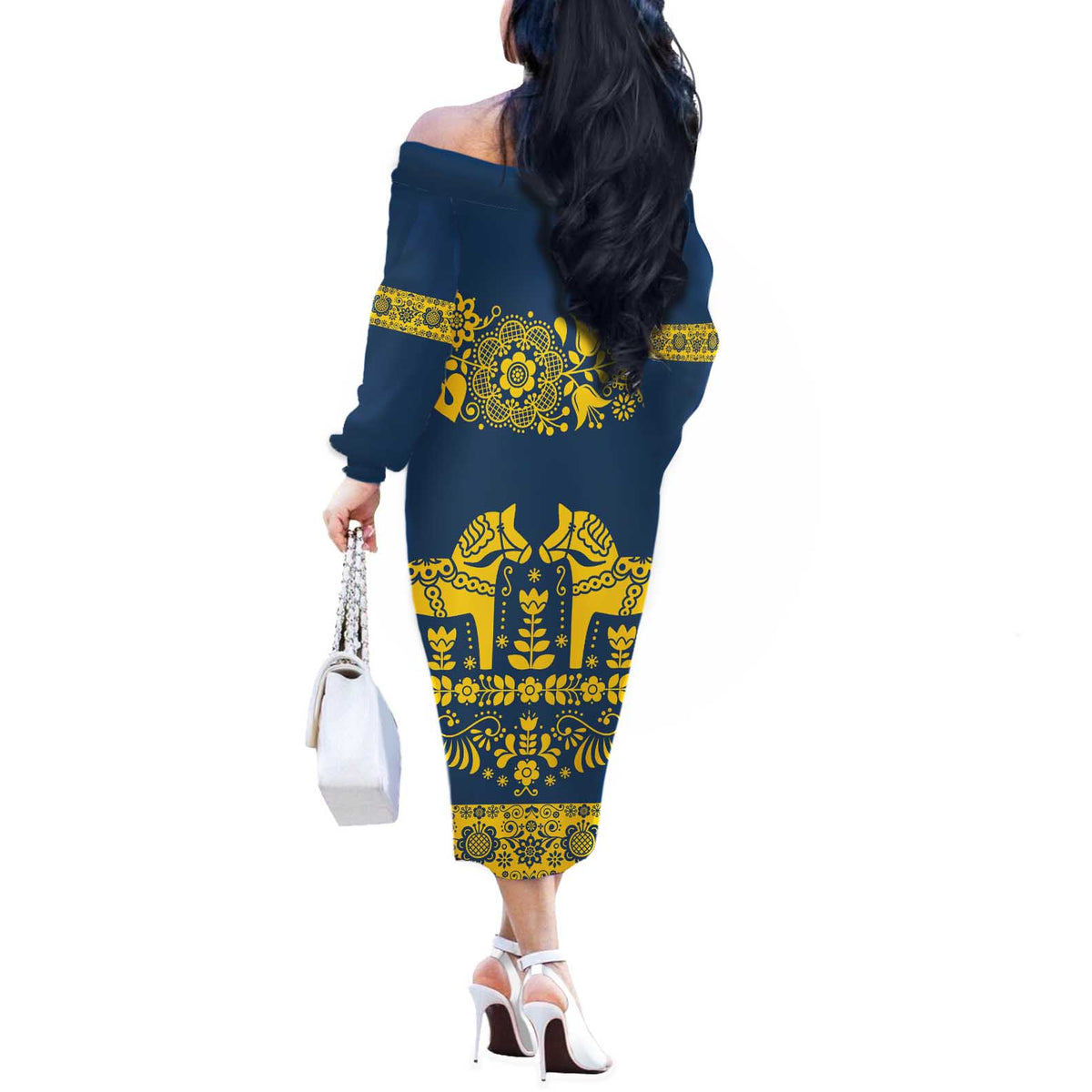 Sweden Daleclarian Horse Off The Shoulder Long Sleeve Dress Floral Folk Pattern Blue Version