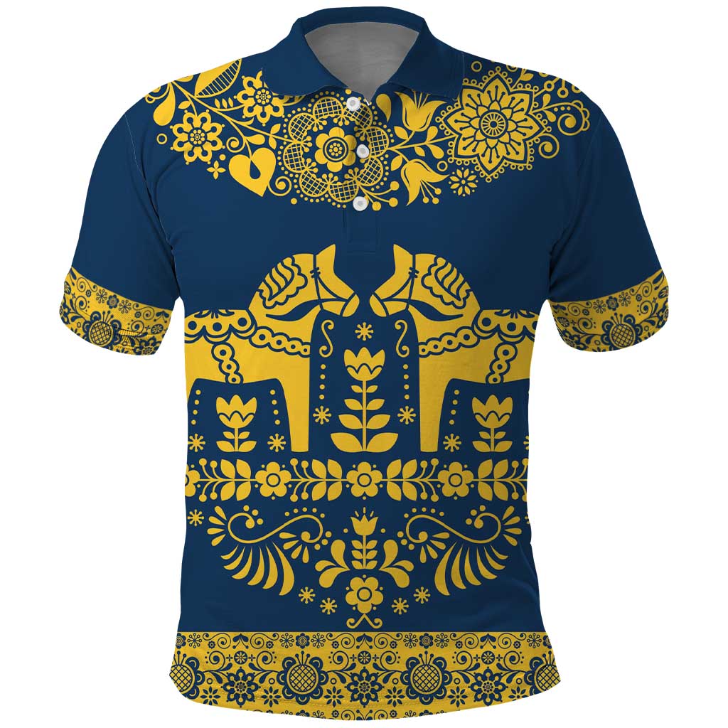 Sweden Daleclarian Horse Polo Shirt Floral Folk Pattern Blue Version