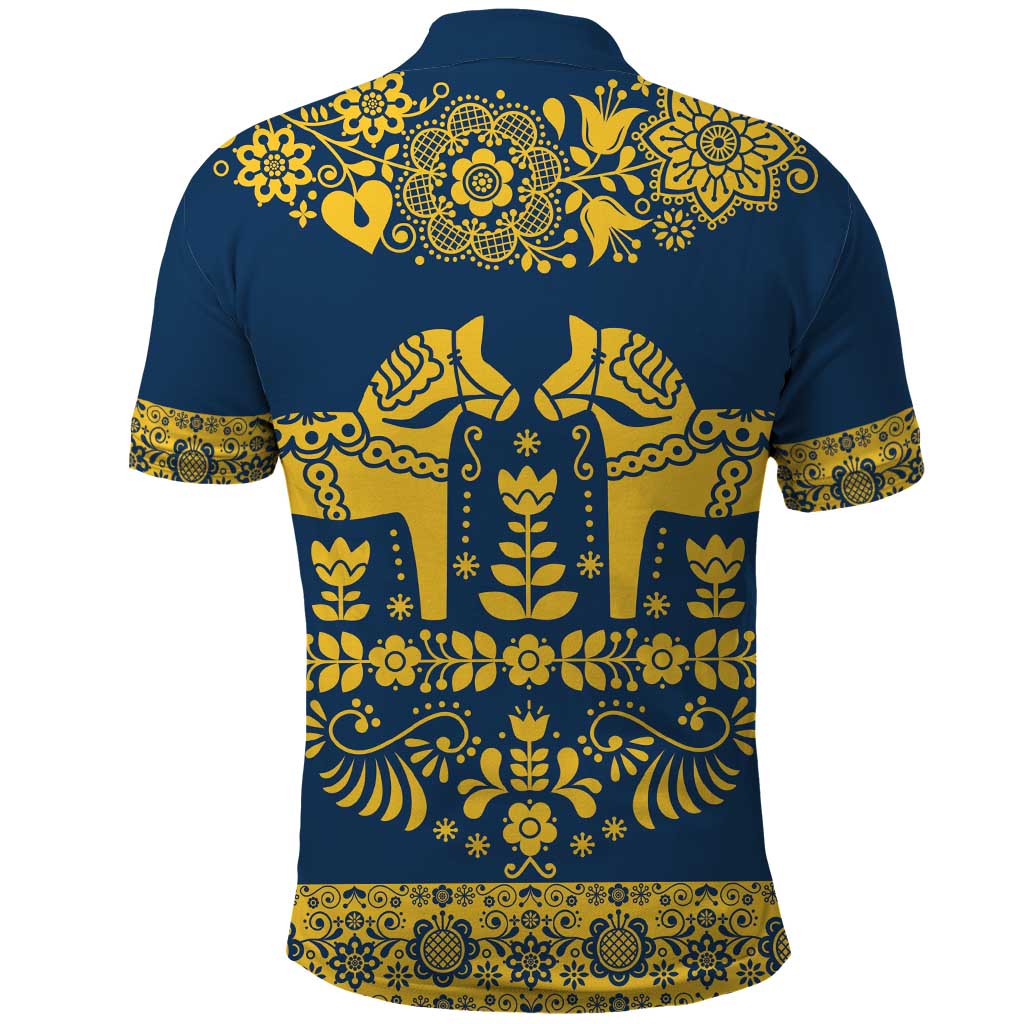 Sweden Daleclarian Horse Polo Shirt Floral Folk Pattern Blue Version