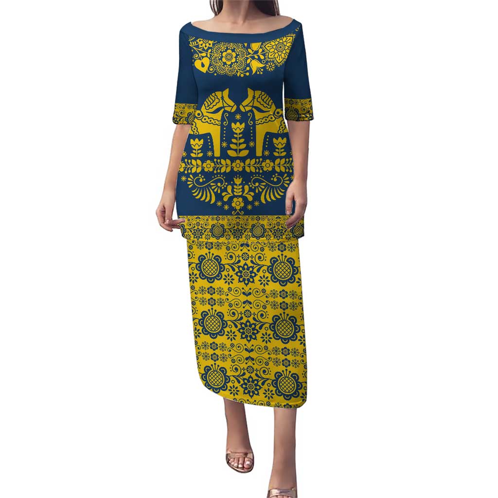 Sweden Daleclarian Horse Puletasi Floral Folk Pattern Blue Version