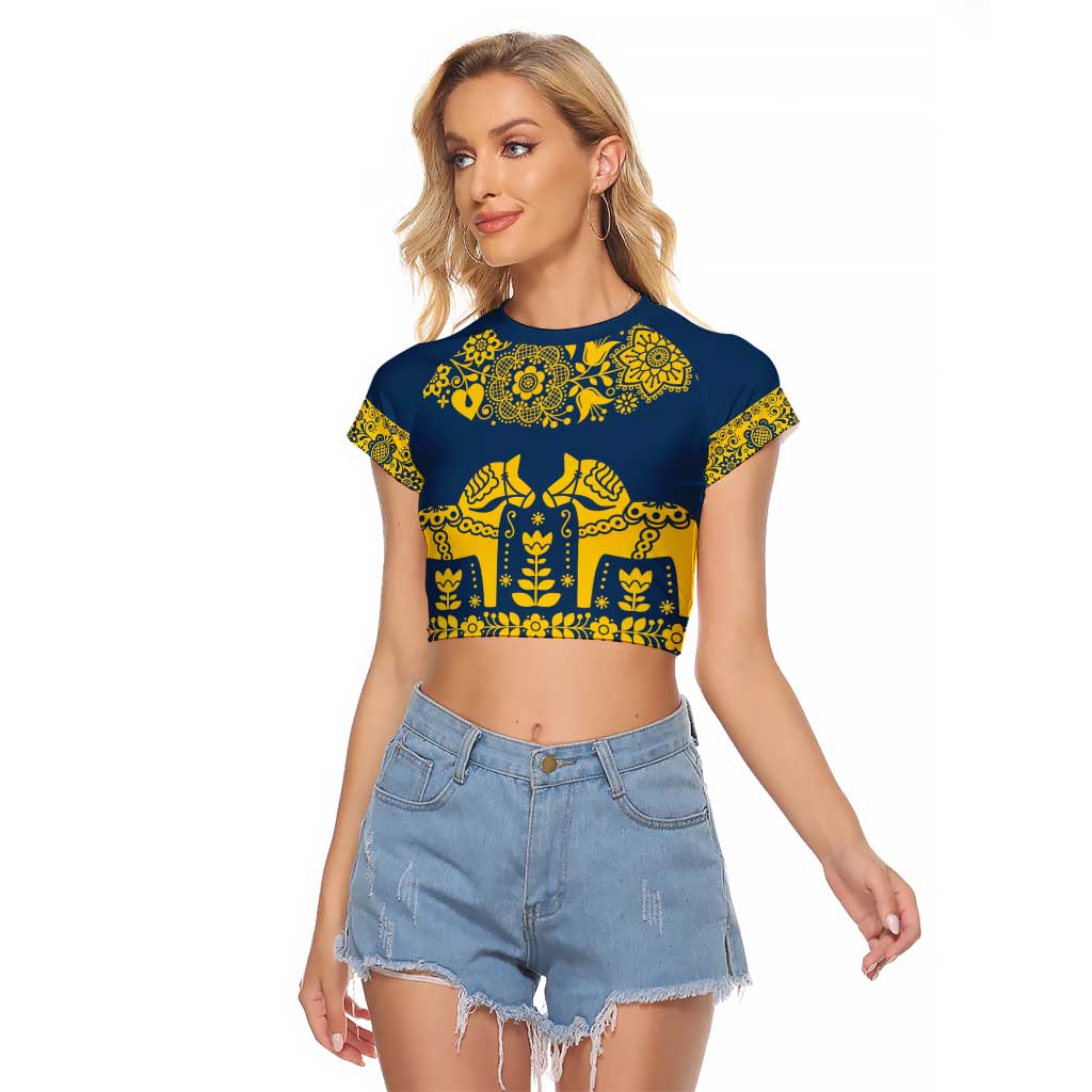 Sweden Daleclarian Horse Raglan Cropped T Shirt Floral Folk Pattern Blue Version
