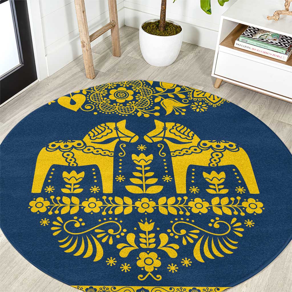 Sweden Daleclarian Horse Round Carpet Floral Folk Pattern Blue Version