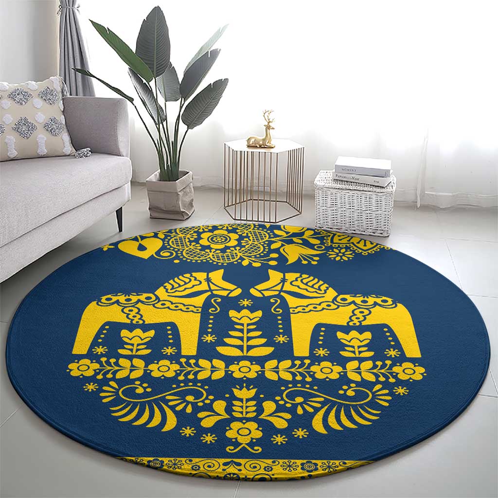 Sweden Daleclarian Horse Round Carpet Floral Folk Pattern Blue Version