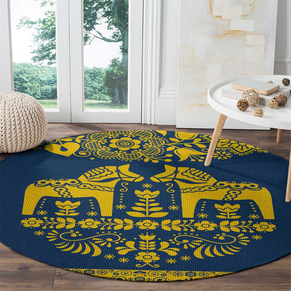 Sweden Daleclarian Horse Round Carpet Floral Folk Pattern Blue Version