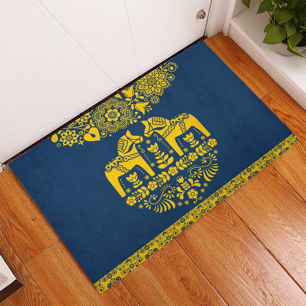 Sweden Daleclarian Horse Rubber Doormat Floral Folk Pattern Blue Version