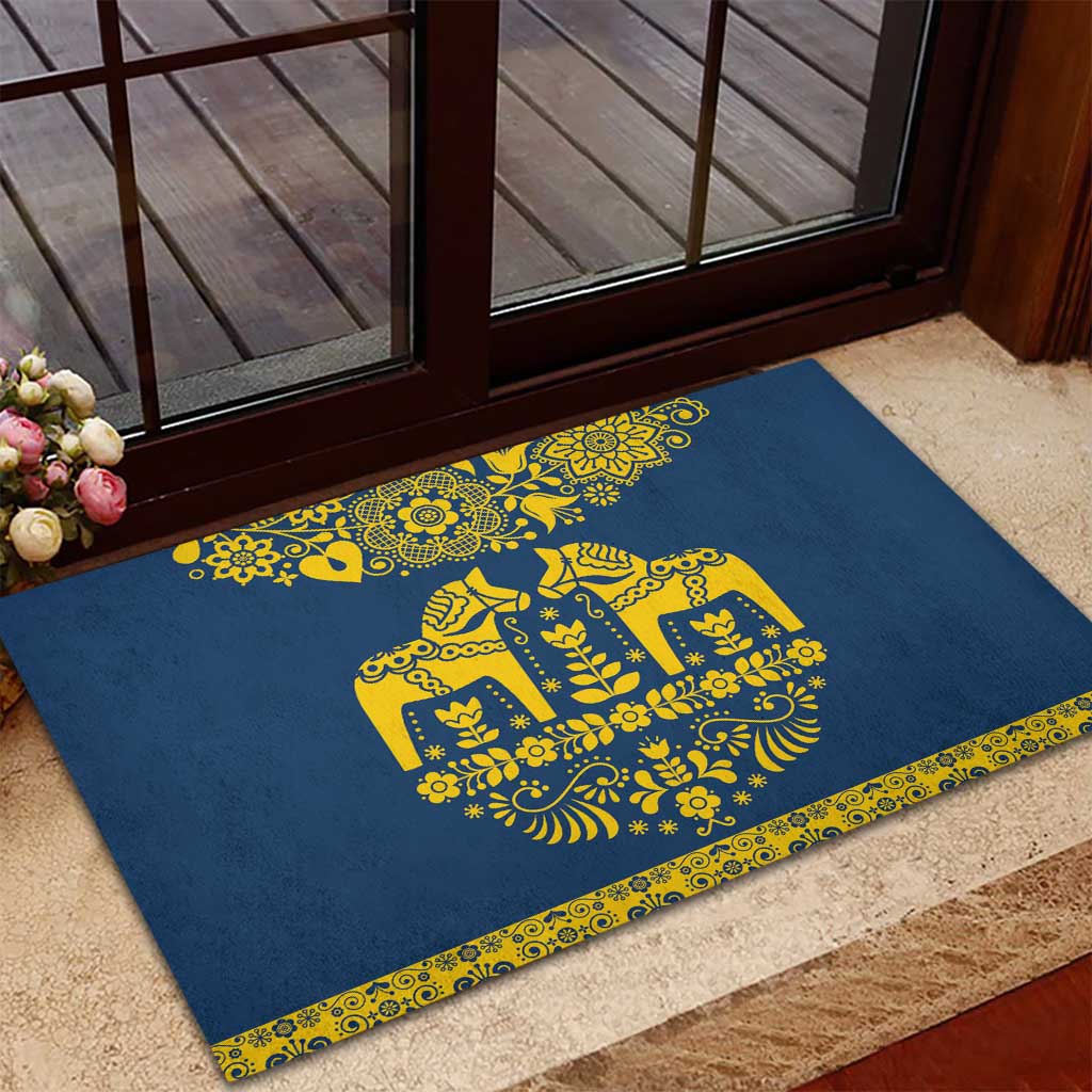 Sweden Daleclarian Horse Rubber Doormat Floral Folk Pattern Blue Version