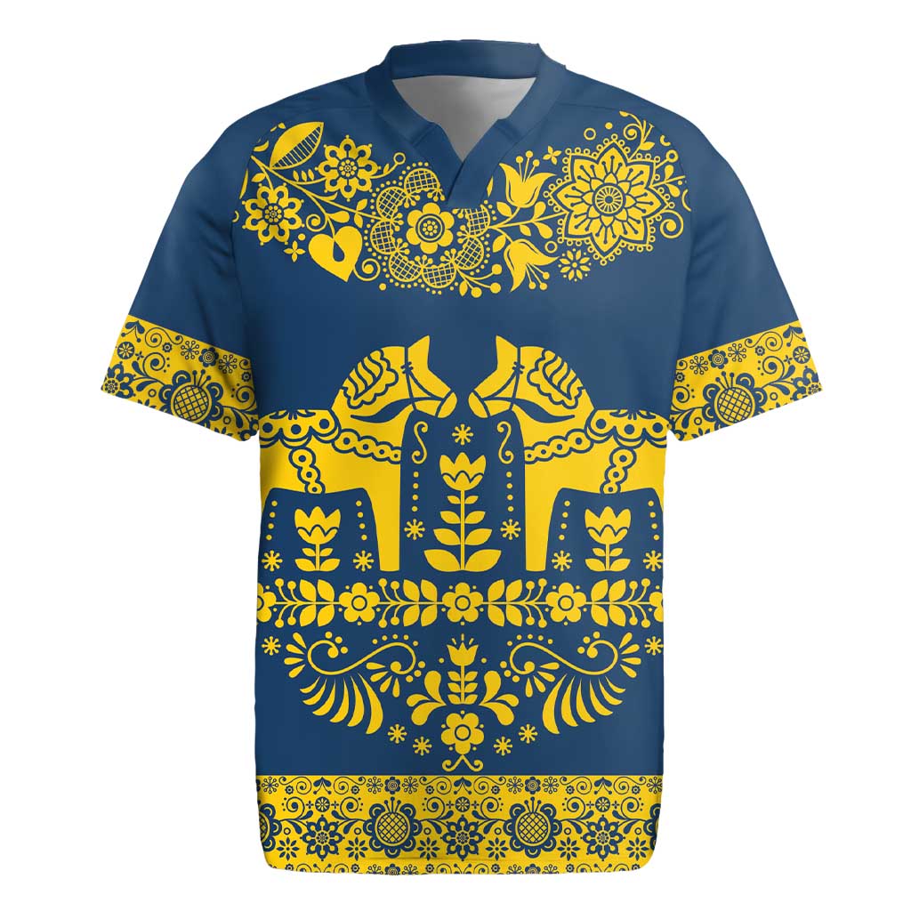 Sweden Daleclarian Horse Rugby Jersey Floral Folk Pattern Blue Version