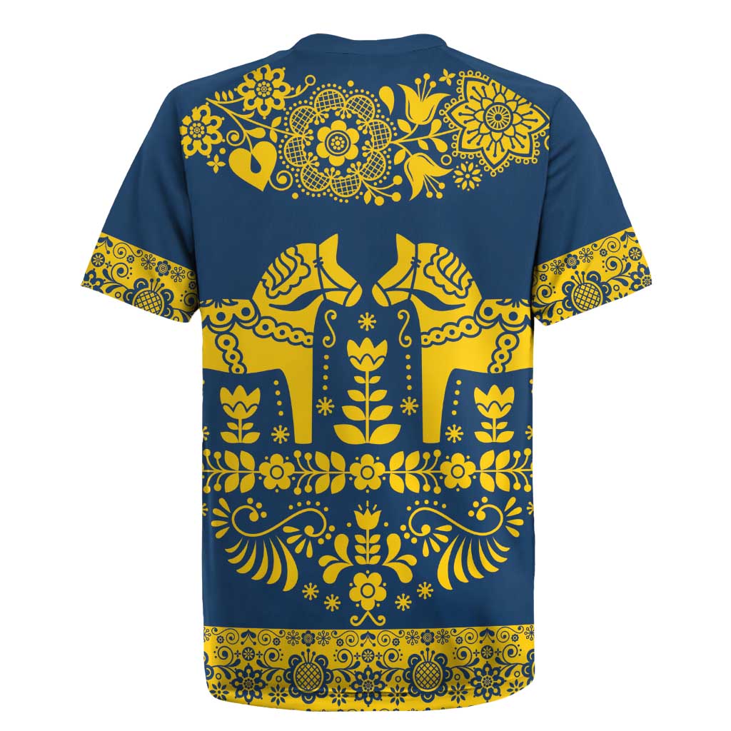 Sweden Daleclarian Horse Rugby Jersey Floral Folk Pattern Blue Version
