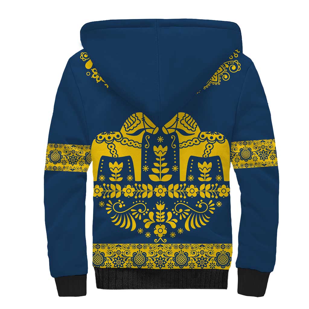 Sweden Daleclarian Horse Sherpa Hoodie Floral Folk Pattern Blue Version