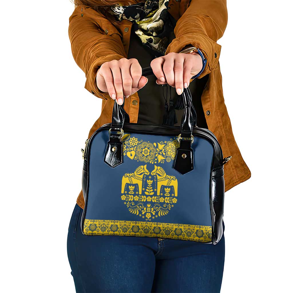 Sweden Daleclarian Horse Shoulder Handbag Floral Folk Pattern Blue Version