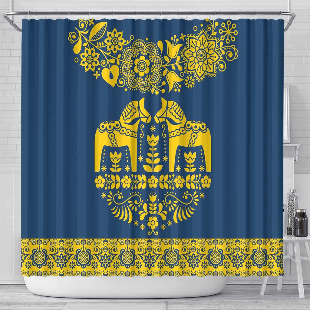 Sweden Daleclarian Horse Shower Curtain Floral Folk Pattern Blue Version