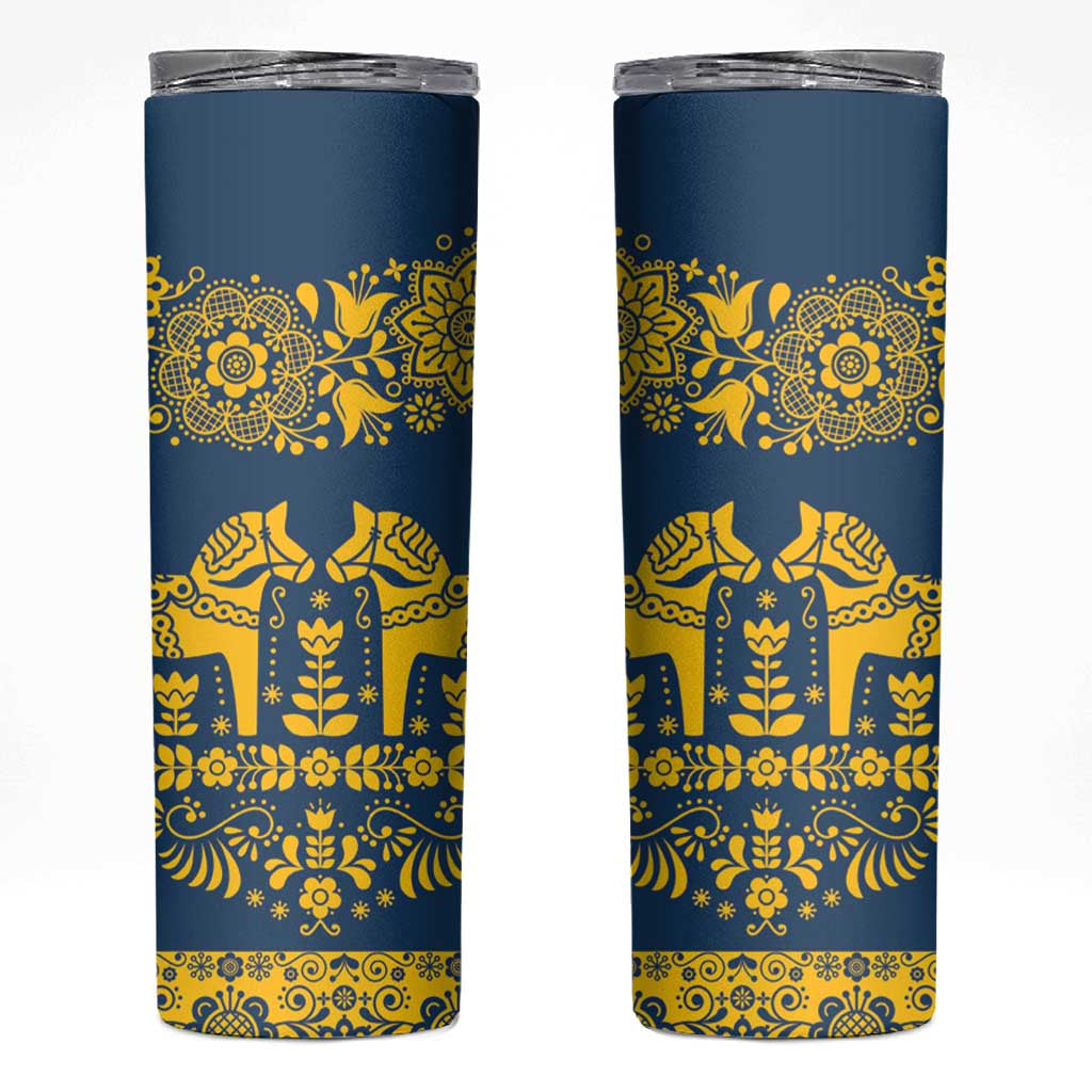 Sweden Dalecarlian Horse Skinny Tumbler Floral Folk Pattern Blue Version LT18