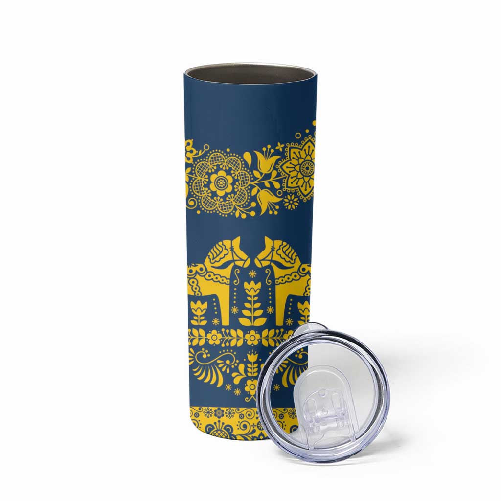 Sweden Dalecarlian Horse Skinny Tumbler Floral Folk Pattern Blue Version LT18