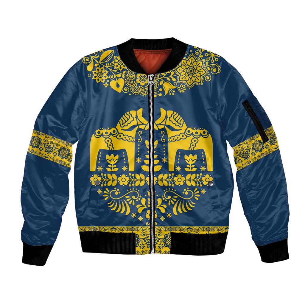 Sweden Daleclarian Horse Sleeve Zip Bomber Jacket Floral Folk Pattern Blue Version