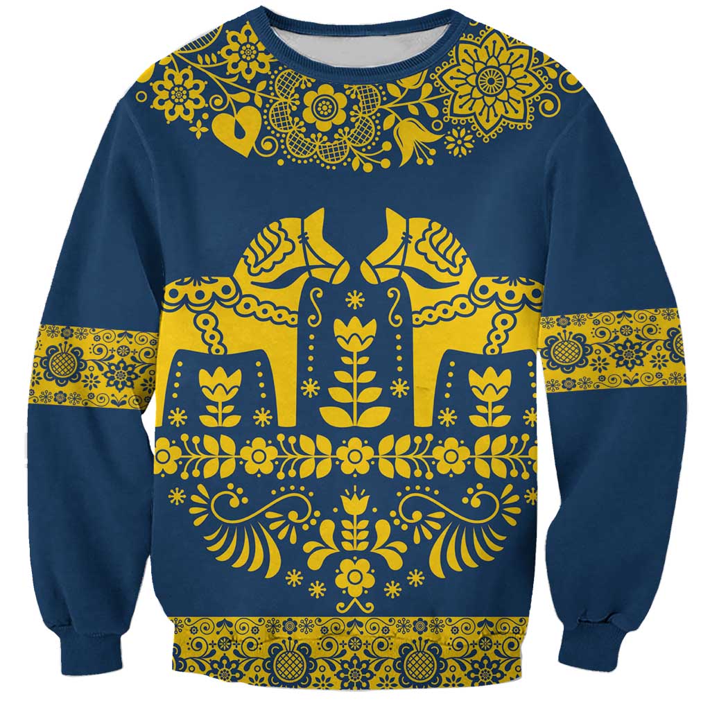 Sweden Daleclarian Horse Sweatshirt Floral Folk Pattern Blue Version
