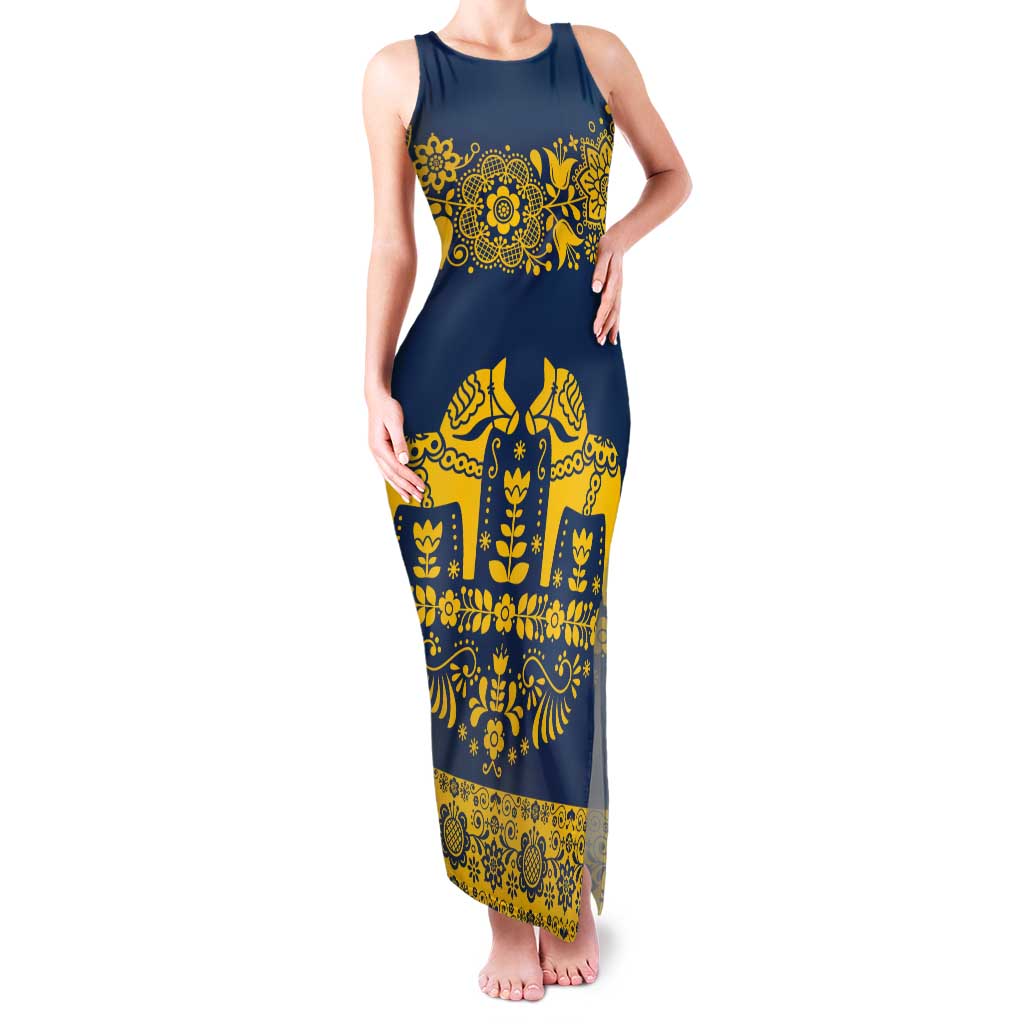 Sweden Daleclarian Horse Tank Maxi Dress Floral Folk Pattern Blue Version