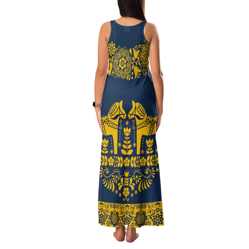 Sweden Daleclarian Horse Tank Maxi Dress Floral Folk Pattern Blue Version