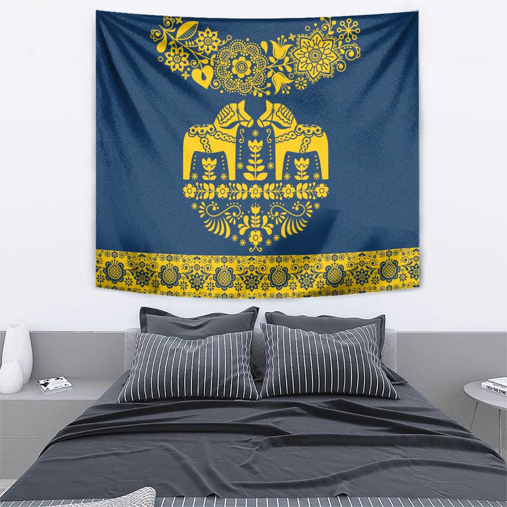 Sweden Daleclarian Horse Tapestry Floral Folk Pattern Blue Version