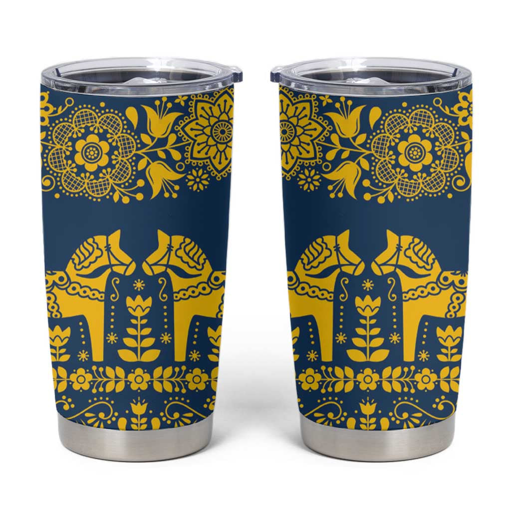 Sweden Dalecarlian Horse Tumbler Cup Floral Folk Pattern Blue Version LT18