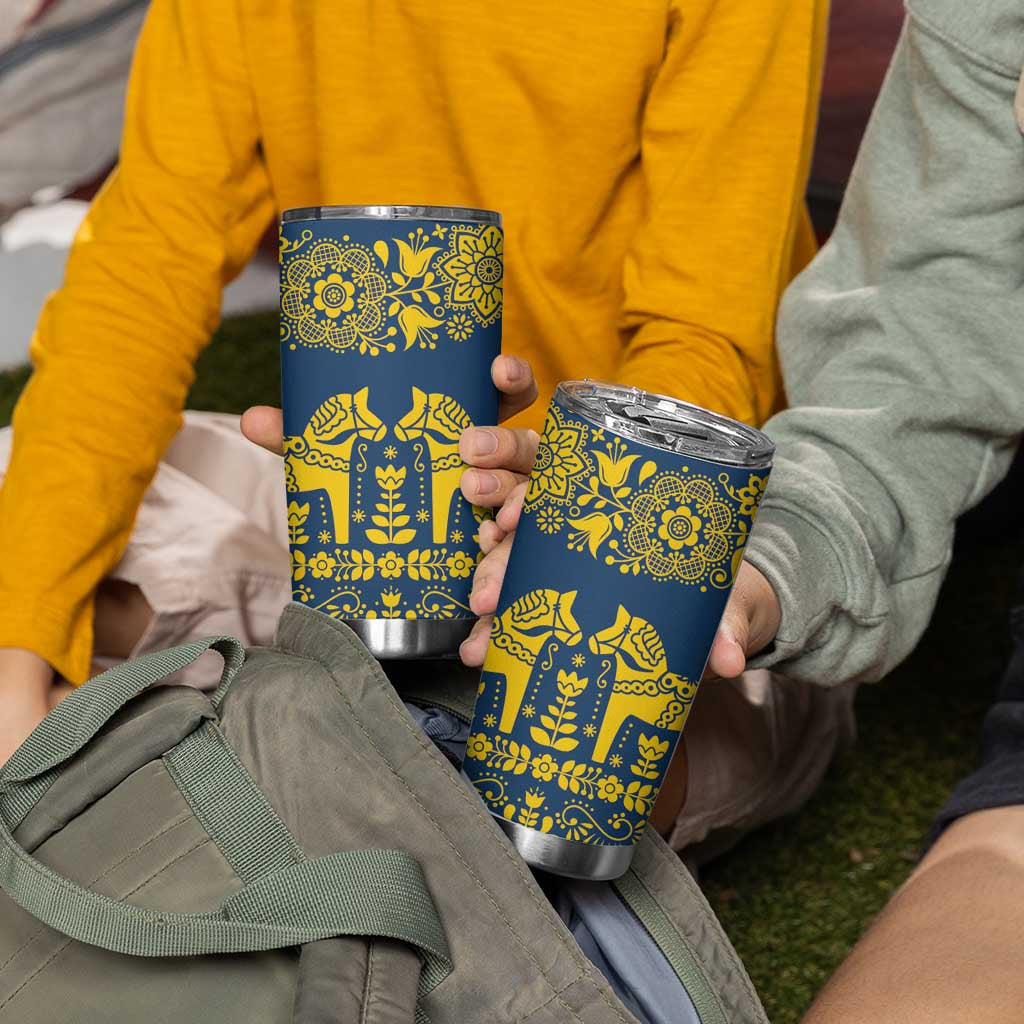 Sweden Dalecarlian Horse Tumbler Cup Floral Folk Pattern Blue Version LT18