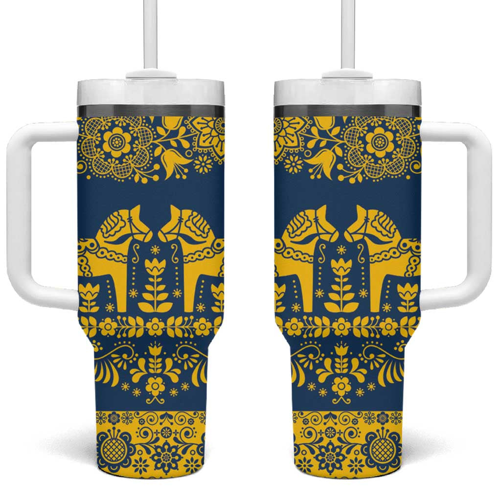 Sweden Dalecarlian Horse Tumbler With Handle Floral Folk Pattern Blue Version LT18