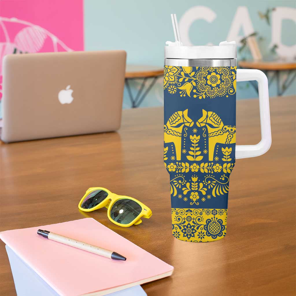 Sweden Dalecarlian Horse Tumbler With Handle Floral Folk Pattern Blue Version LT18
