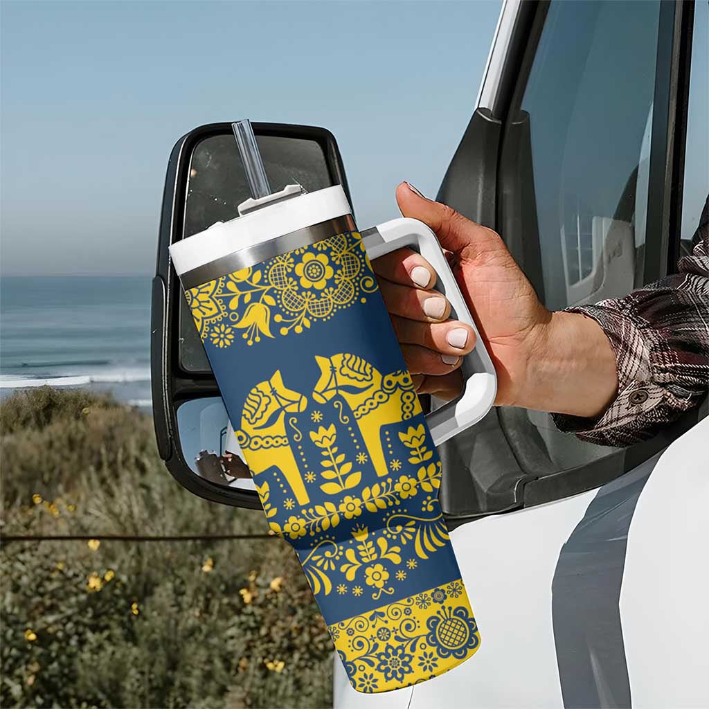 Sweden Dalecarlian Horse Tumbler With Handle Floral Folk Pattern Blue Version LT18