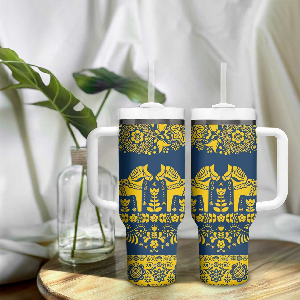 Sweden Dalecarlian Horse Tumbler With Handle Floral Folk Pattern Blue Version LT18