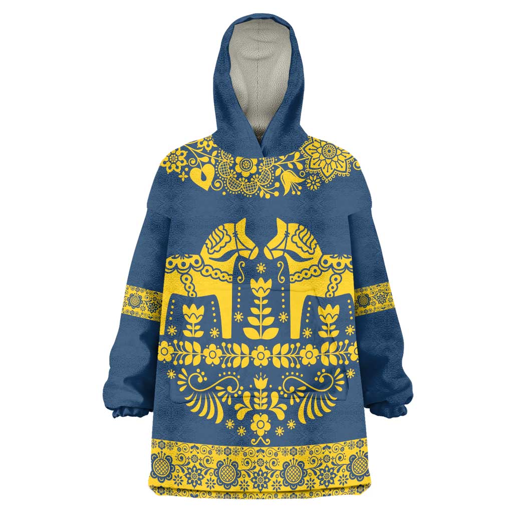 Sweden Daleclarian Horse Wearable Blanket Hoodie Floral Folk Pattern Blue Version