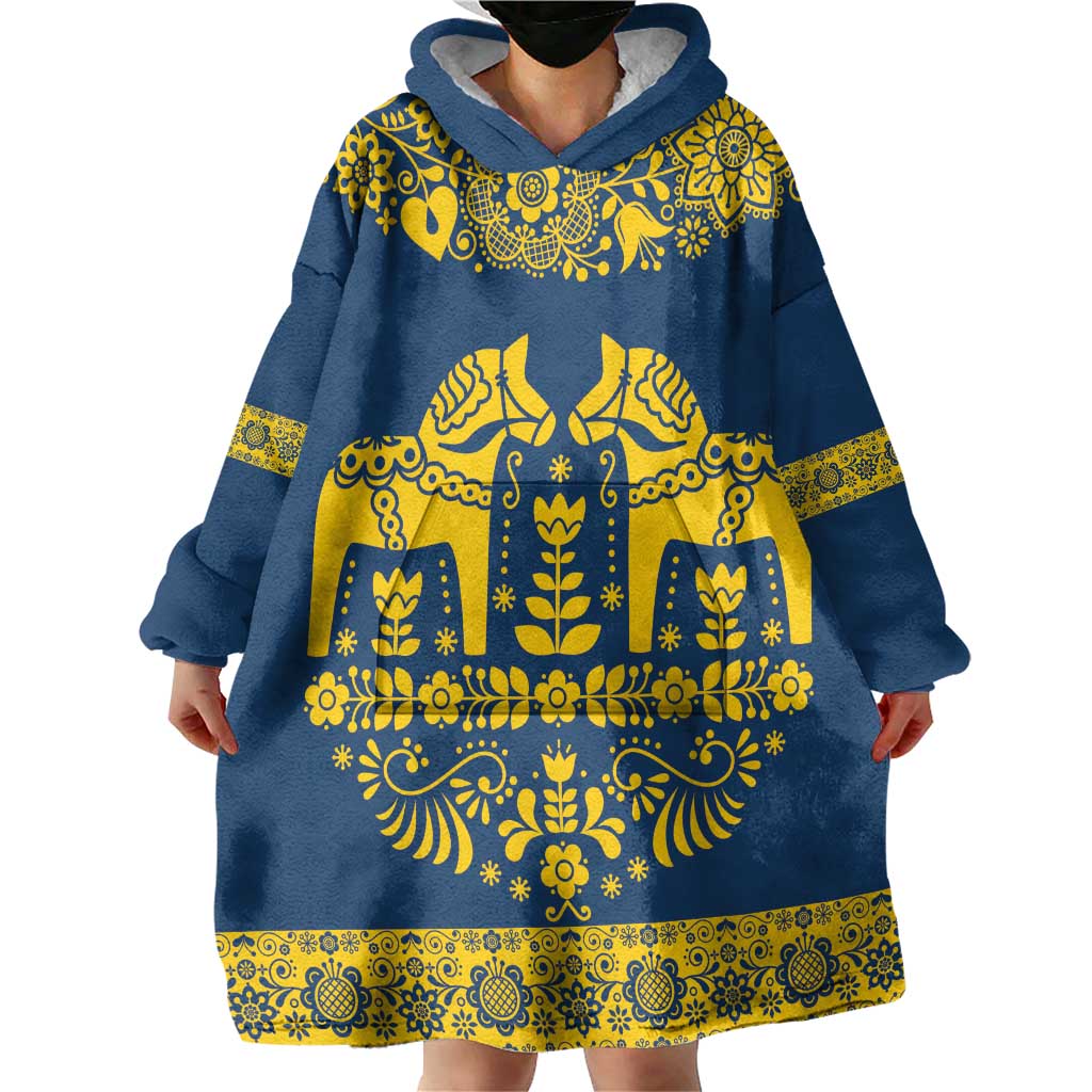 Sweden Daleclarian Horse Wearable Blanket Hoodie Floral Folk Pattern Blue Version