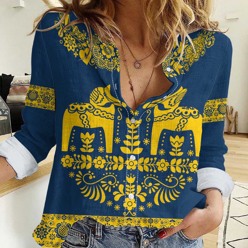 Sweden Daleclarian Horse Women Casual Shirt Floral Folk Pattern Blue Version