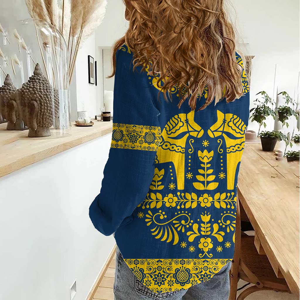 Sweden Daleclarian Horse Women Casual Shirt Floral Folk Pattern Blue Version