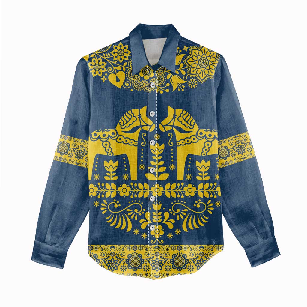 Sweden Daleclarian Horse Women Casual Shirt Floral Folk Pattern Blue Version