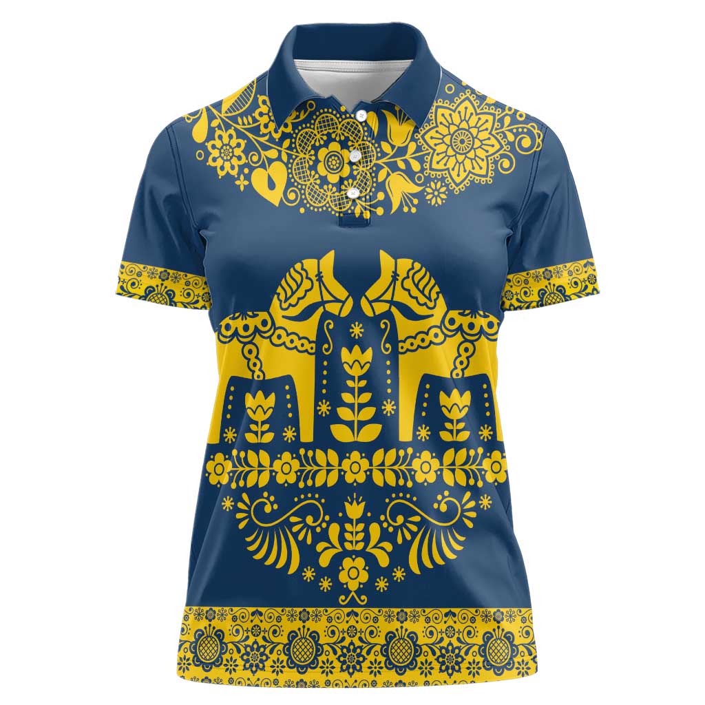 Sweden Daleclarian Horse Women Polo Shirt Floral Folk Pattern Blue Version