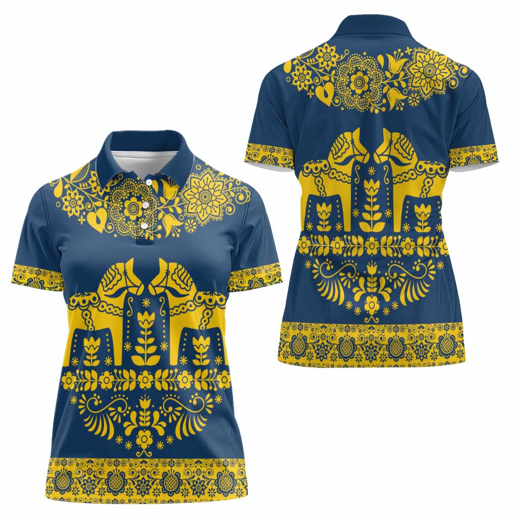 Sweden Daleclarian Horse Women Polo Shirt Floral Folk Pattern Blue Version