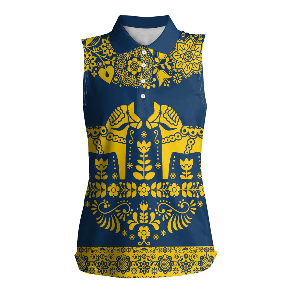 Sweden Daleclarian Horse Women Sleeveless Polo Shirt Floral Folk Pattern Blue Version