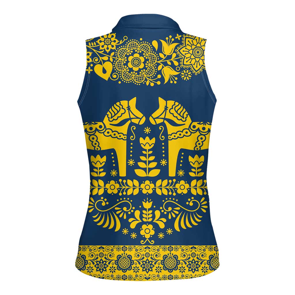 Sweden Daleclarian Horse Women Sleeveless Polo Shirt Floral Folk Pattern Blue Version