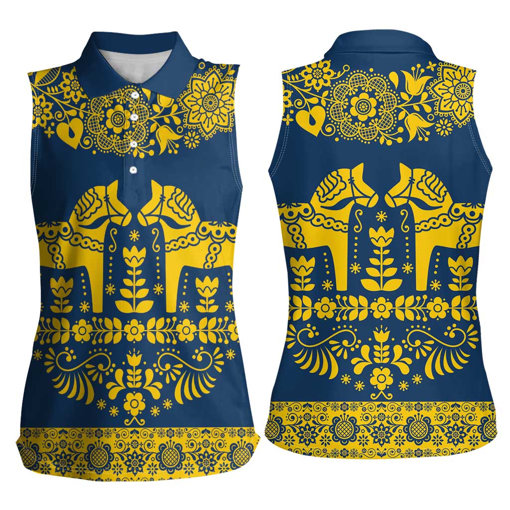 Sweden Daleclarian Horse Women Sleeveless Polo Shirt Floral Folk Pattern Blue Version